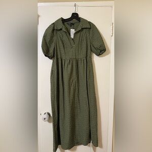 NWT Nobody’s Child Olive Green Gingham Puff Sleeve Dress